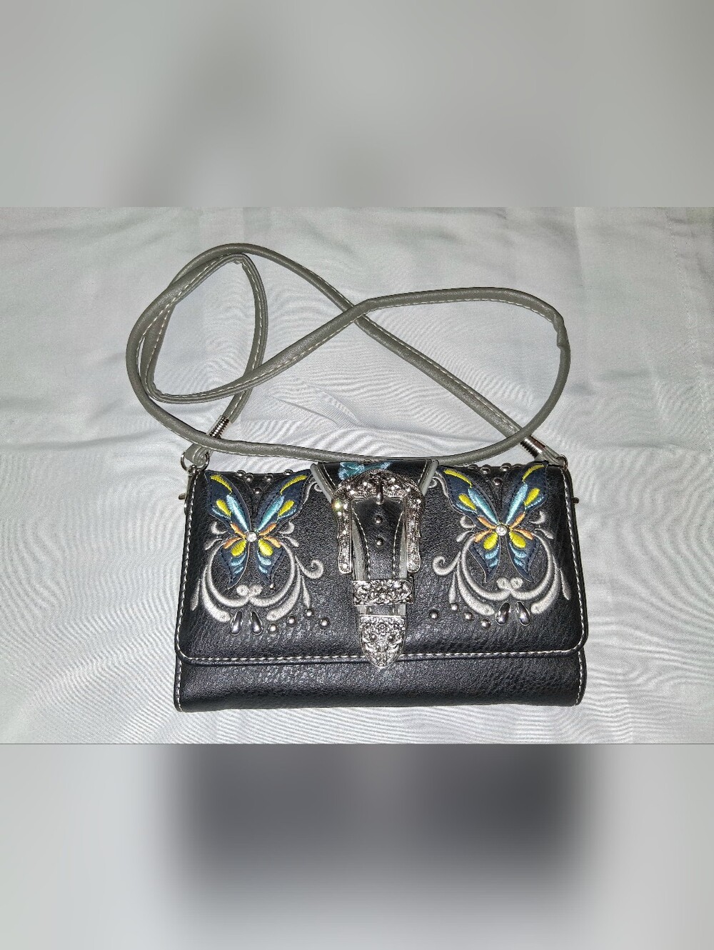 Navy Crossbody Bag with Multicolor Butterfly Embroidery